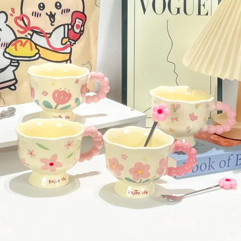 Girls Souvenir Coffee Mug Household Ceramic Cup High Quality Cup Mugs Coffee Miilk Cups Water Cup Birthday Gift Creative Flower