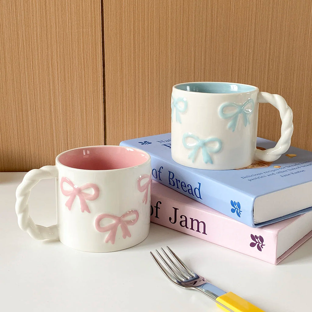1Pc 13.4oz Pink Ceramic Mug with Bowknot, Ceramic Cup with Twisted Handle, Exquisite and Simple Pink Embossed Cup, Suitable for Latte Art in Coffee Shops, Home Decor Drinkware, Drinking Cup for Kitchen, Living Room, Bedroom,