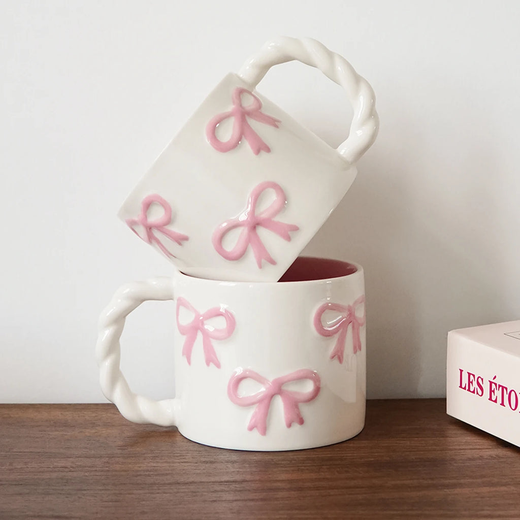 1Pc 13.4oz Pink Ceramic Mug with Bowknot, Ceramic Cup with Twisted Handle, Exquisite and Simple Pink Embossed Cup, Suitable for Latte Art in Coffee Shops, Home Decor Drinkware, Drinking Cup for Kitchen, Living Room, Bedroom,